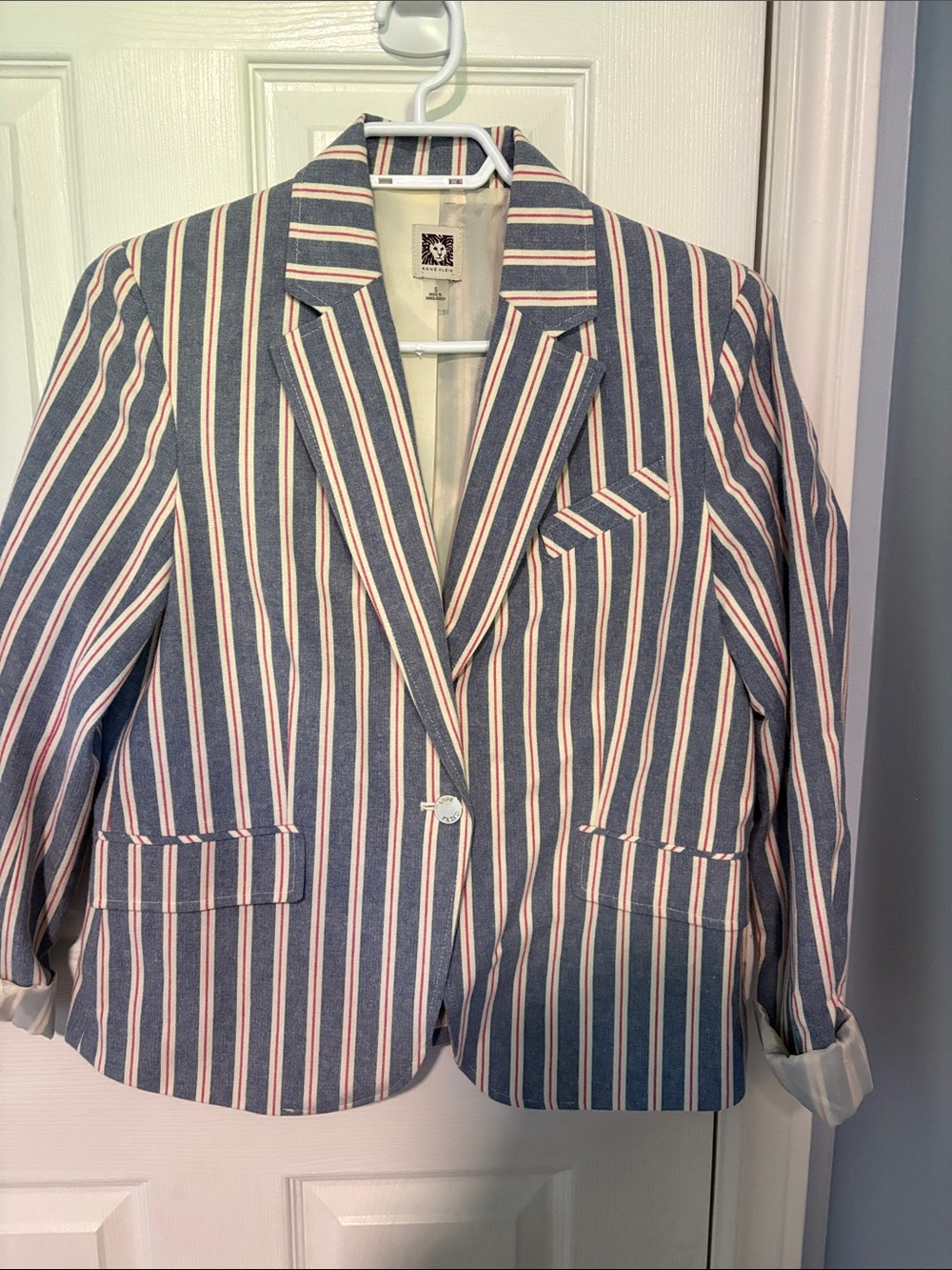 Anne Klein Navy, Cream & Pink Striped Notch-Lapel Blazer in cotton